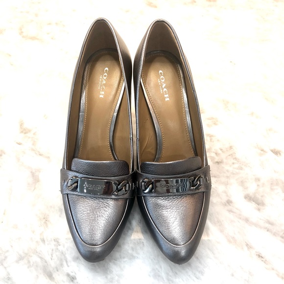 Coach Metallic Gunmetal Leather Platform Pump with Silver Coach Logo Buckle - Picture 7 of 11